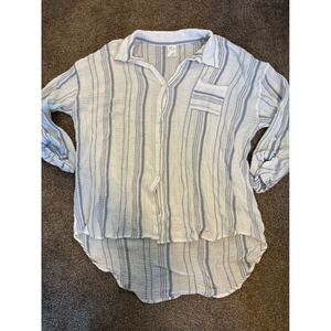 Kona Sol Women Large Blue White Excellent Gauze Striped Button Down